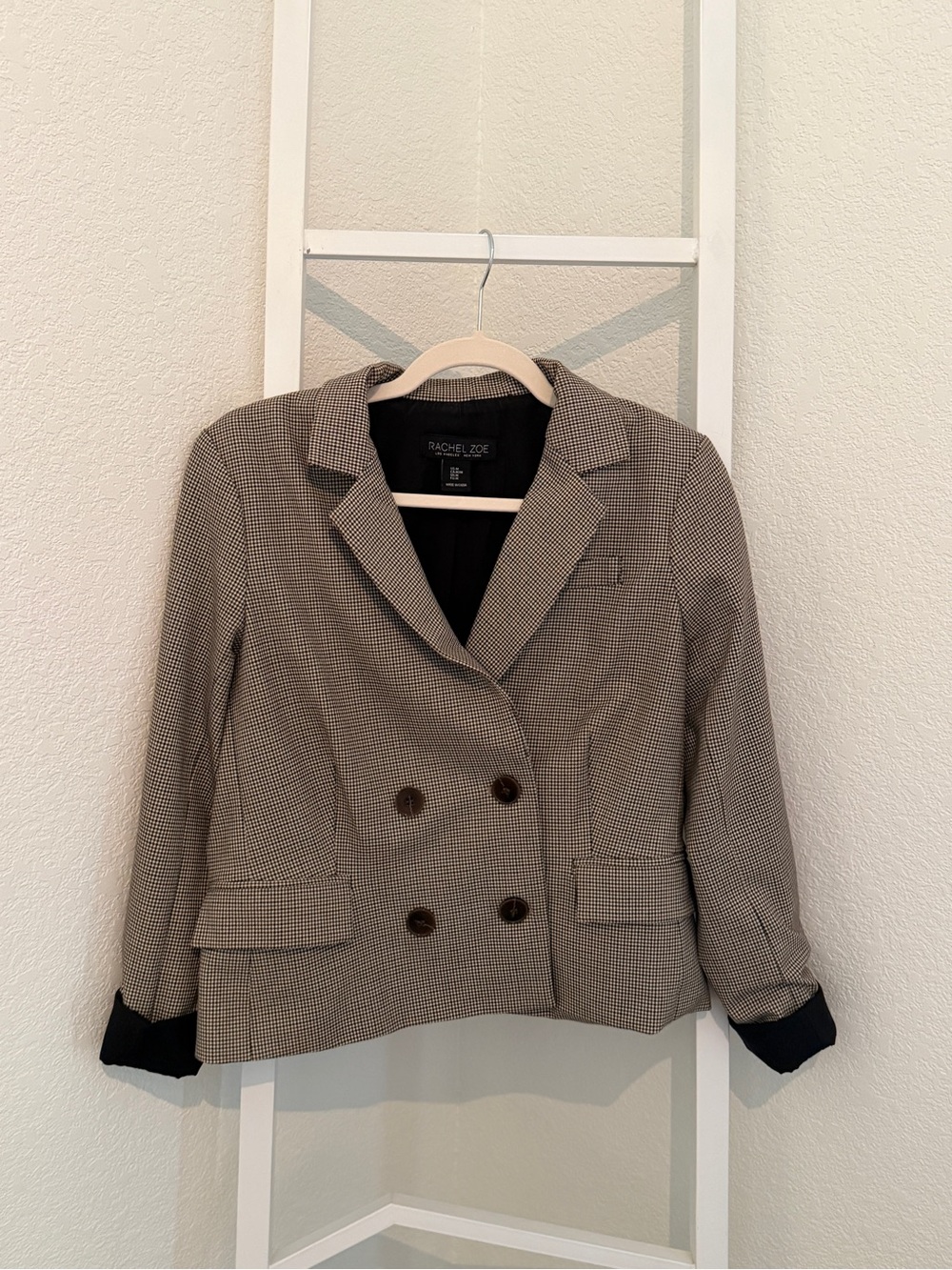 Rachel Zoe Tan and Black Houndstooth Double-Breasted Blazer, Dark Academia